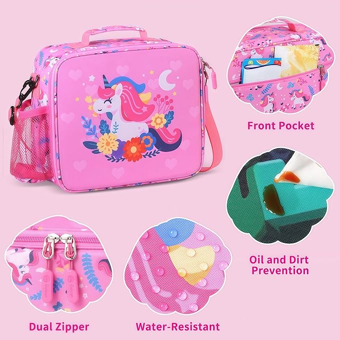 rockpapa Kids Lunch Box Set with 14oz Insulated Water Bottle & Lunch Bag, Leakproof 5.5 Cups Bento Box for School & Children, BPA-Free, Microwave Safe for Boys Girls (Pink Unicorn)