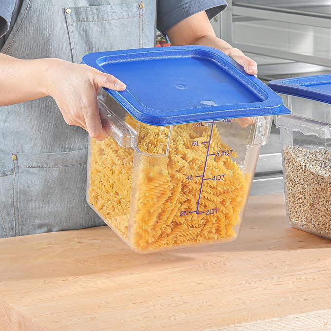 EGGKITPO 8 QT Set of 4 Food Storage Containers with Blue Lids Handle and Scarle Stackable Clear Square Commercial Container Set For Dough Proofing Home Restaurant Kitchen Supply BPA-Free Polycarbonate