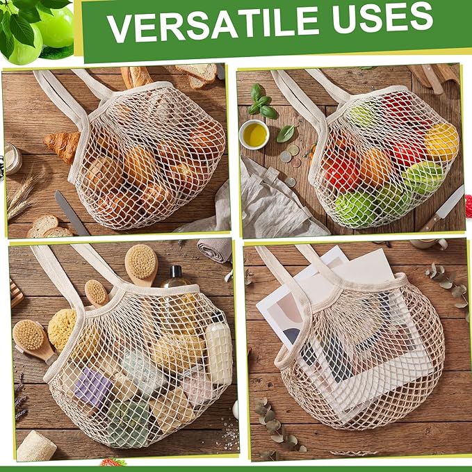 Paterr 4 Pack Cotton Mesh Produce Bags Bulk Reusable Market Bag Washable Net Grocery Purse String Shopping Tote Beach Organizer for Vegetable Fruit Picnic Food Storage (Long Handle,Beige)
