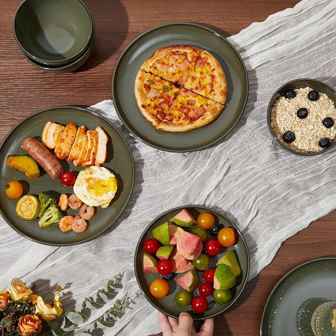 Pokini Santorini Mist Terracotta Reactive Glaze Plates and Bowls Sets, Stoneware Dinnerware Sets, Microwave and Dishwasher Safe Ceramic Dish Set Service for 4, Blackish Green