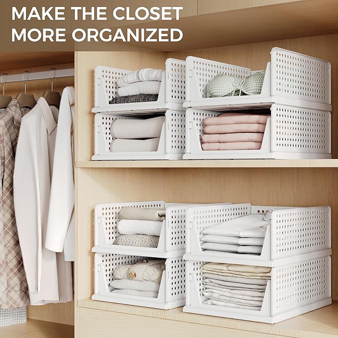 Pinkpum 8 Pack Closet Organizers and Storage Plastic Stackable Storage Bins, Foldable Drawer Shelf Storage Container for Wardrobe Kitchen Bathroom Dorm White