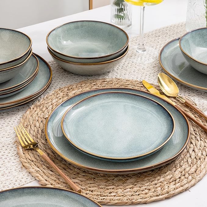AmorArc Ceramic Dinnerware Sets,Handmade Reactive Glaze Stoneware Plates and Bowls Sets,Highly Scratch Resistant | Dishwasher & Microwave Safe Dishes Set,Service for 4 (12pc)