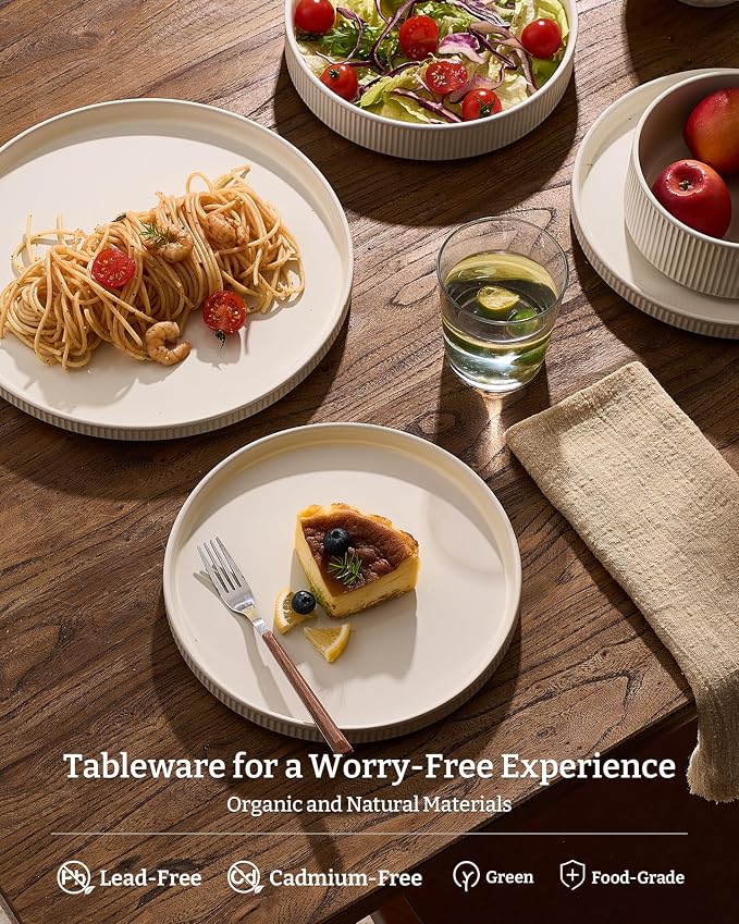 Famiware Star 24-Piece Stoneware Dinnerware Set for 6 – Shallow Pasta Bowls & Flat Plates – Modern Rustic Dishes, Everyday & Formal Use – Chip & Scratch Resistant, Microwave & Dishwasher Safe, Oat