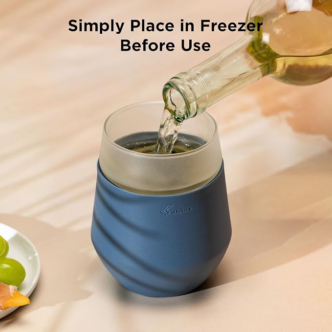 Rabbit Freezable Wine Glass Set of 2 - Insulated Stemless Cooling Glasses with Freezer Gel Packs and Silicone Sleeves, Keeps White Wine & Rosé Cold for Hours, Blue Gift Set