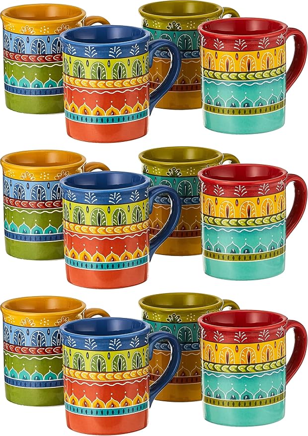 Valencia Mugs Set of 4 – 16 oz Colorful Ceramic Coffee Cups with Bold Multicolor Patterns, Microwave & Dishwasher Safe, Boho Kitchen Drinkware for Tea, Cocoa & More (Pack of 3)