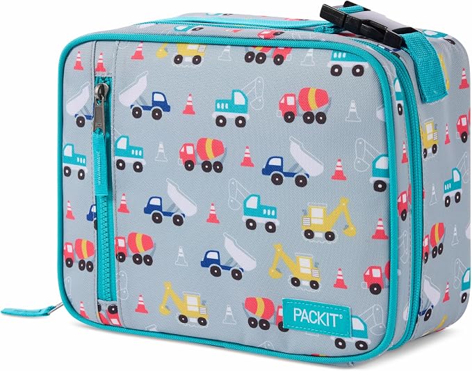 PackIt Freezable Classic Lunch Box, Construction Trucks, Built with EcoFreeze Technology, Collapsible, Reusable, Zip Closure With Zip Front Pocket and Buckle Handle, Designed for Fresh Lunch On the Go