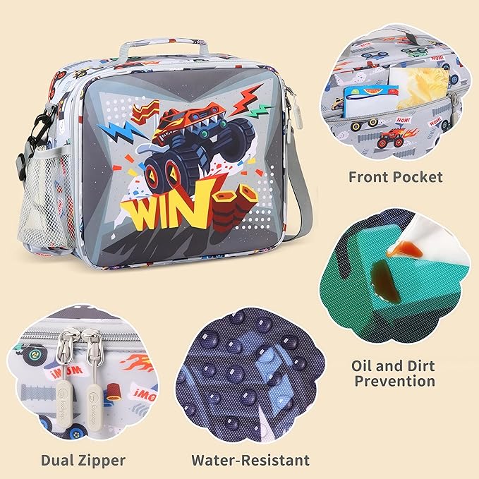 rockpapa Kids Lunch Box Set with 14oz Insulated Water Bottle & Lunch Bag, Leakproof 5.5 Cups Bento Box for School & Children, BPA-Free, Microwave Safe for Boys Girls (Grey Trucks)