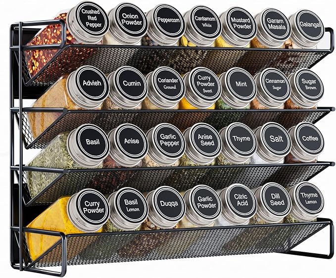 UVIAHOMI Magnetic Spice Rack Organizer for Refrigerator with 28 Spice Jars, 386 Spice Labels, 4 Hook, Chalk Marker and Funnel Set, Magnetic Shelf for Seasoning Organizer, 13.2'' W x 9.8 H, Black