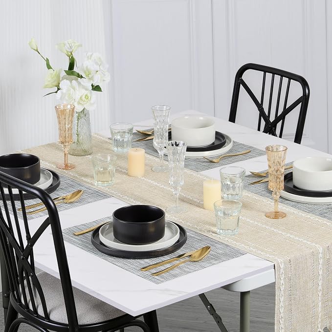 E-far 12-Piece Plates and Bowls Sets, Stoneware Dinnerware Dishes Sets for 4, Chip & Scratch Resistant Ribbed Dish Set for Home Restaurant, Microwave & Dishwasher Safe Speckled White & Matte Black