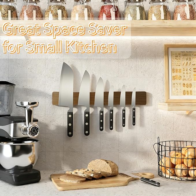 Magnetic Knife Holder for Wall, Acacia Wood Knife Magnetic Strip No Drill Knife Magnet Storage Bar Magnetic Tool Key Holder Strip for Kitchen Utensil Organizer (Dark Brown, 24 Inch)
