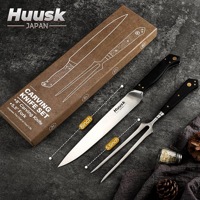 Huusk Turkey Carving Knife Set - Sharp Carving Fork & Knife for Meat, BBQ, Brisket - Japanese Slicing Knife with Elegant Box, Christmas Gifts for Men Women