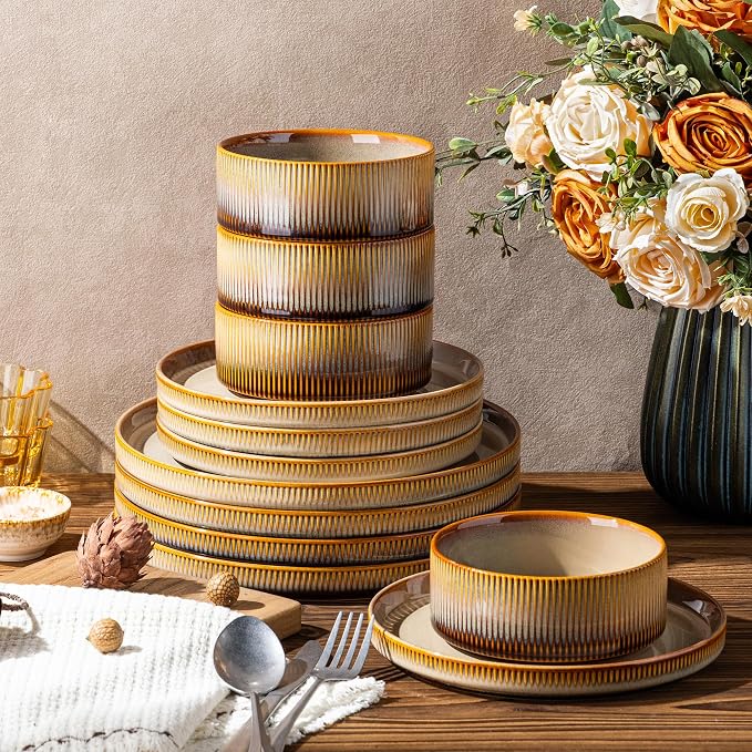 TheTerra Ceramic Dinnerware Sets for 4, 12 Pieces Porcelain Lightweight Plates and Bowls Sets, Scratch Resistant Dish Set, Oven & Microwave & Dishwasher Safe, Creamy Amber