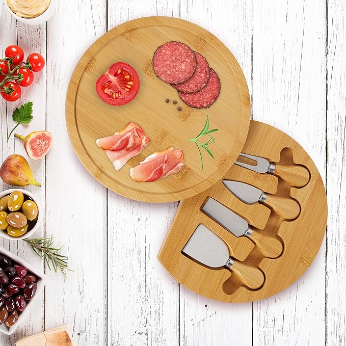 Relaxdays Cheese Board with Cheese Knife Set, HD 4 x 33 cm, Swivel Cheese Plate, 4 Piece Cheese Cutlery, Bamboo & Stainless Steel, Natural