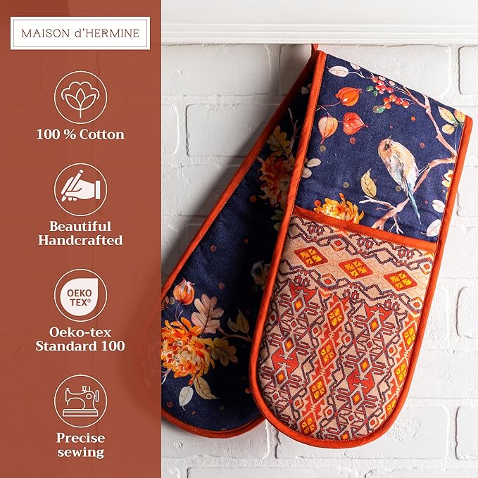 Maison d' Hermine Double Oven Mitt (7" x 35") 100% Cotton Heat Resistant BBQ Cooking Gloves with Loop for Thanksgiving Christmas Decorations Baking Cooking Barbeque Handling Hot Pan (Kelim - Infinity)