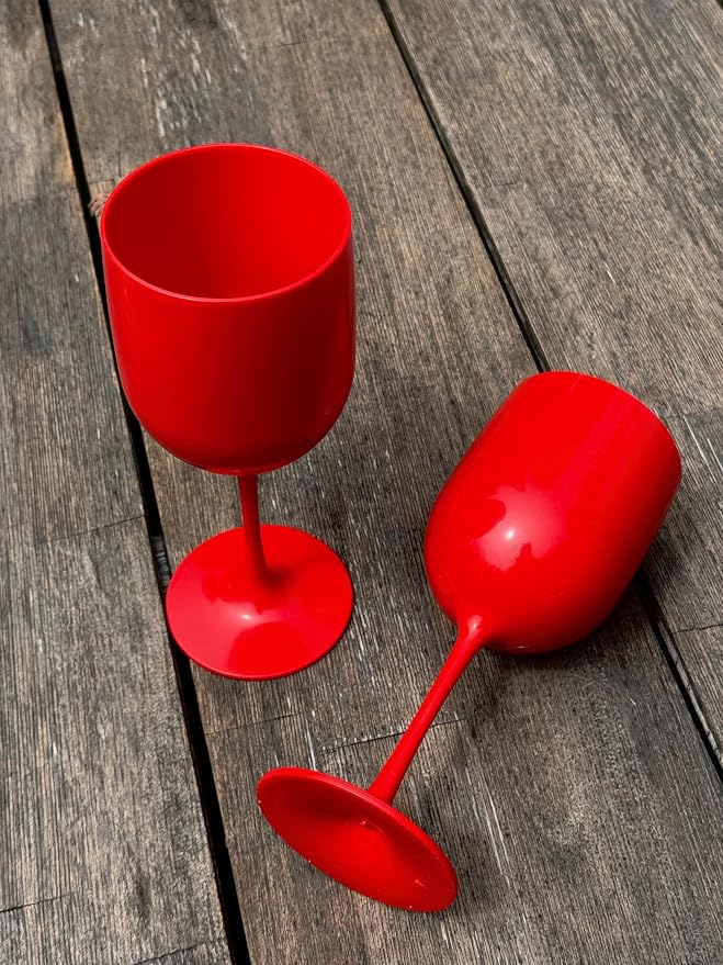 FOX & GRAPES Plastic Stemmed Wine Glasses | Unbreakable/Shatterproof, Reusable, Food Safe, Dishwasher Safe, For Birthday and Party, 16oz (Red, Set of 12)