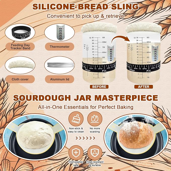 Sourdough Starter Kit with Basket Sourdough Starter Jar for Beginner | 47PCS Set with 9&10-inch Proofing Baskets,34oz Sourdough Starter Jar, Bread making tools & Gift for Women Wife Mom