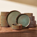 Stoneware Plates and Bowls Dishes Sets Service for 6 (18-Piece), Famiware Premium Handcrafted Reactive Glaze Dinnerware Set with Raised Rim, Scratch Resistant, Microwave Dishwasher Safe, Moss Cocoa