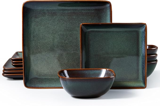 E-far Square plates and bowls Sets for 4, 12-Piece Reactive Glaze Stoneware Dinnerware Sets, Ceramic Dishes for Kitchen Dining, Microwave & Dishwasher Safe, Obsidian Green