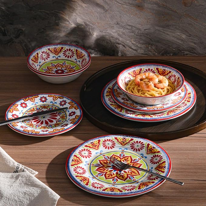 Premium Melamine Dinnerware Sets for 4, 12-Piece Plates and Bowls Sets, Shatterproof & Lightweight Dish Set for Indoor and Outdoor Use, Dishwasher Safe, Red