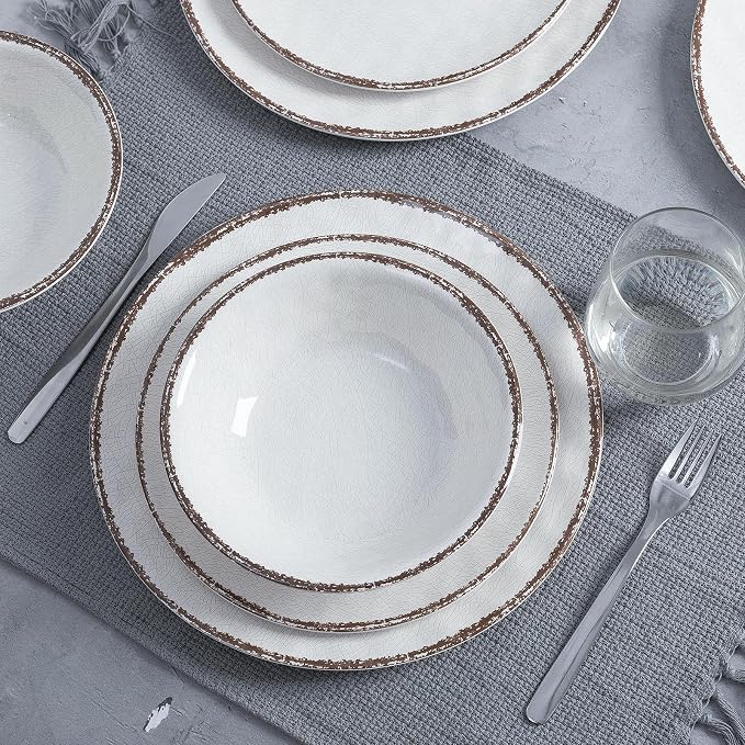 LEHAHA Farmhouse White Melamine Plates and Bowls Set, White dishes Rustic Farmhouse Dinnerware Set, Lightweight Melamine Dishes Set for 4, Perfect for RV, Camper, Dishwasher Safe