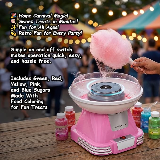 Retro Cotton Candy Machine with 5 Jars (11oz Each) Floss Sugar, 50 Paper Cones, Easy Cleanup Cotton Candy Maker, Durable Retro Design, Makes 20–30 Servings per Jar, BPA & Lead Free
