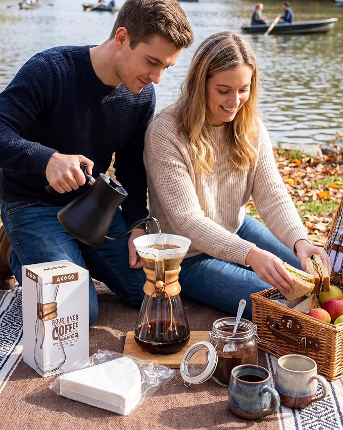AGOGO Pour Over Coffee Maker Glass with 50pcs Paper Filters -for Home, Office, Camping, Cafes - Easy Clean Coffee Dripper Set (Soft Towel&Brush)(20oz Slim Shape w/Paper Filters)