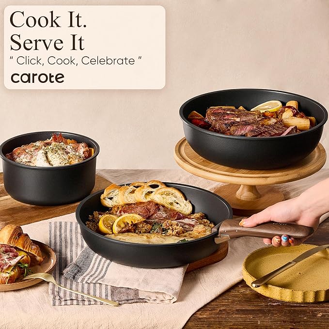 CAROTE 25pcs Pots and Pans Set Non Stick, Cookware Sets, Kitchen Set, Oven/Dishwasher/Fridge Safe, Space Saving Pots Set, Nonstick Set with Versatile Detachable Handle, Induction RV Set, Black