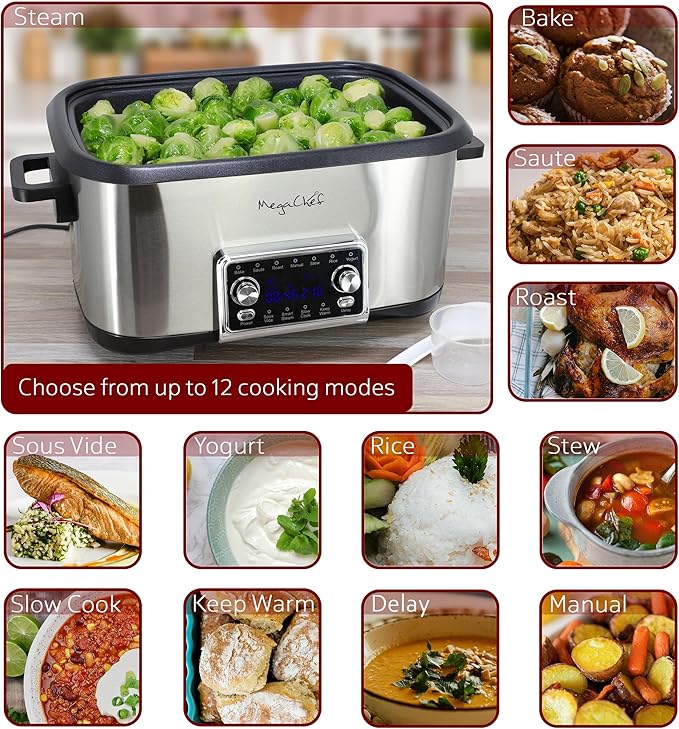 MegaChef Deluxe 8 Quart 12-in-1 Programmable Multi Cooker with Sous Vide and Multi-Functions, Digital Display, Adjustable Temperature & Time, Removable Pot, Tempered Glass Lid