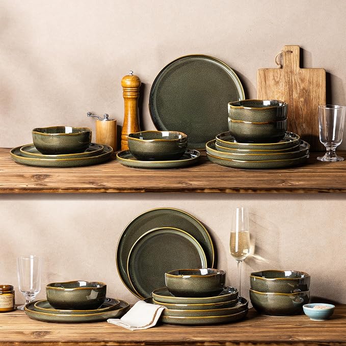 TheTerra Ceramic Dinnerware Sets for 4, 12 Pieces Porcelain Lightweight Plates and Bowls Sets, Scratch Resistant Dish Set, Oven & Microwave & Dishwasher Safe, Olive Moss