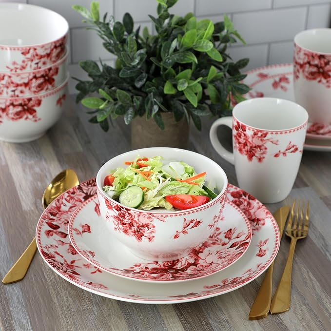 Elama Traditional Rose 16 Piece Porcelain Dinnerwar/Tableware Set, Service for 4 (Red)