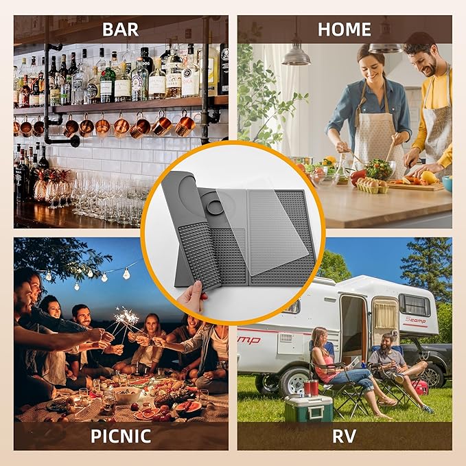 12'' x 22'' Silicone Cocktail Bar Mat for Bartending & Home Bar - Multifunctional Folding Drink Mat with Cutting Board - Portable Black Bar Countertop Accessories & Spill Mat（GREY）