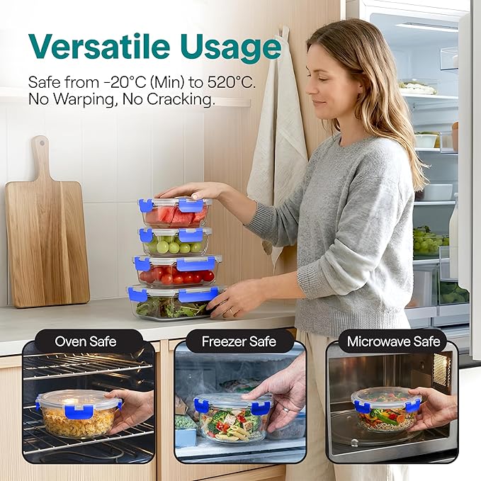 SereneLife 24 Piece Glass Storage Containers with Lids, 12 Pack Glass Meal Prep Container Set for Lunch, Kitchen Storage, Food Storage, Leak Proof, Freezer Safe and Dishwasher Safe, Blue