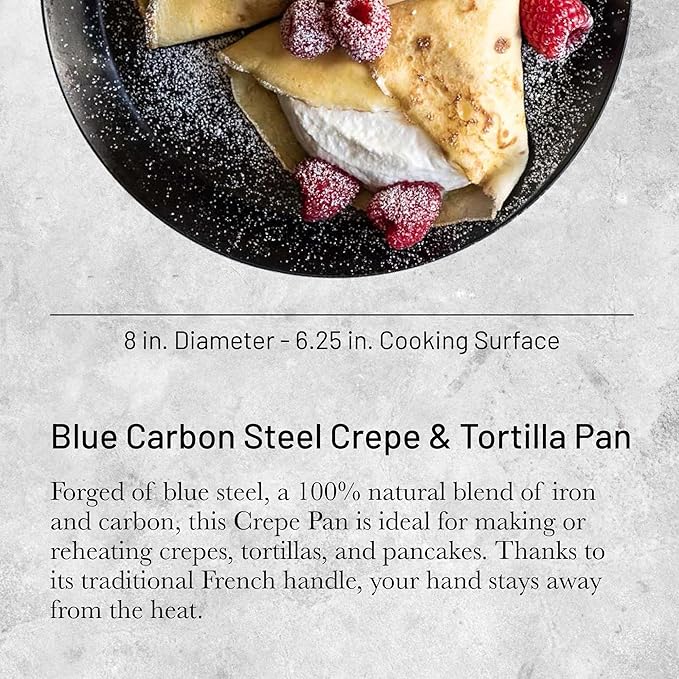 de Buyer Blue Carbon Steel Crepe & Tortilla Pan - 8” Diameter, 6.25" Cooking Surface - Ideal for Making & Reheating Crepes, Tortillas & Pancakes - Naturally Non-Stick Finish - Made in France