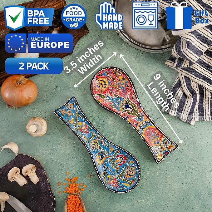 BCS Spoon Rest Set of 2 - Ceramic Spoon Holder for Stovetop & Kitchen Counter - Dishwasher Safe Handmade Kitchen Utensil (Blue-Red 3.5” W x 9" L)
