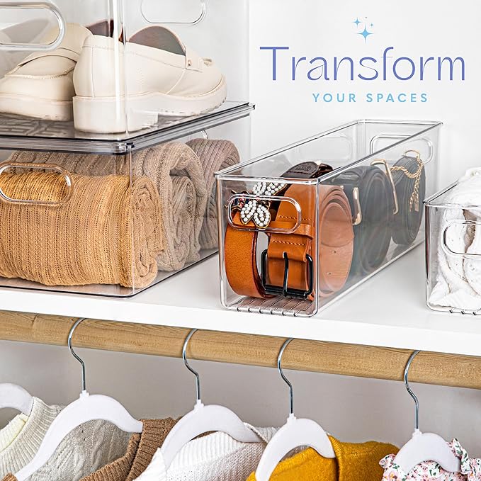 Plastic Food Storage 4 Pack Clear Container Bin with Handles for Organizing Kitchen, Pantry, Fridge, Freezer, Pantry,Bathroom. 16"x4"x5"