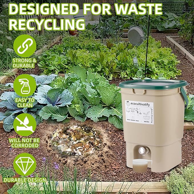 20L Bokashi Compost Bin, 5.28 Gallon Compost Bin for Kitchen Composter with Lid, Bokashi Start Kit with Bran (Tan & Dark Green) (20L/5.28GAL Tan & Dark Green)