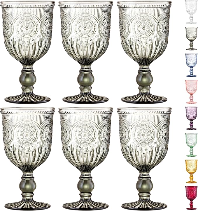 Smokey Black Wine Glasses Set of 6 Vintage Hobnail Goblets 10 oz Dishwasher Safe