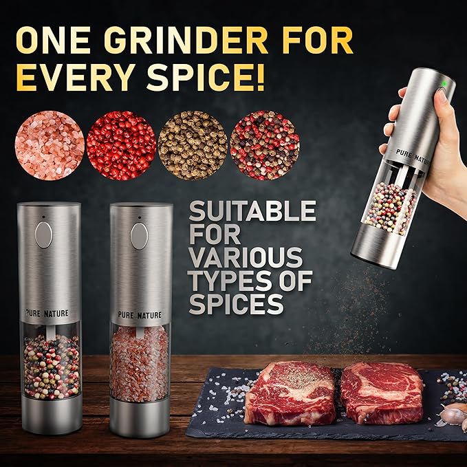 Pure Nature Electric Salt and Pepper Grinder Set with Rechargeable Base – Stainless Steel, Large Capacity, LED Light, 5 Adjustable Coarseness Levels, Refillable, Type-C Fast Charging