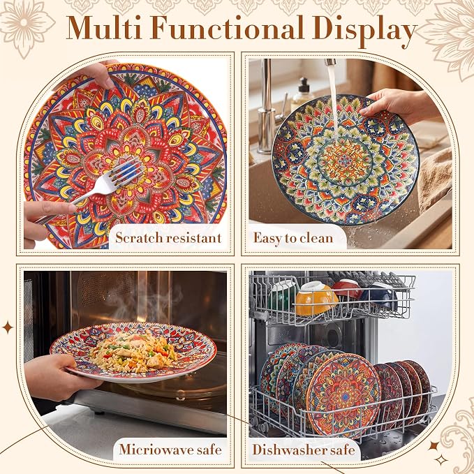 Domensi 12 Pieces Ceramic Dinnerware Sets Porcelain Plates and Bowls Set Service for 4 Ceramic Boho Dishes Tableware Bohemian Style Diningware Housewarming Wedding Gift