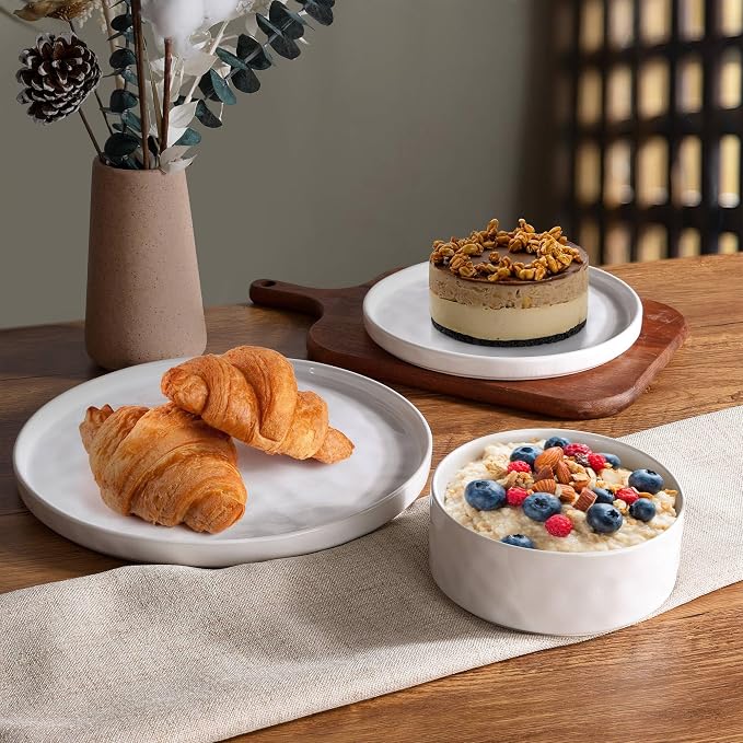 LIANYU Stoneware Dinnerware Sets, 12 Piece Plates and Bowls Dish Set for 4, Kitchen Speckled Dinner Ware Dining Dishware, Microwave & Dishwasher Safe, Polar White