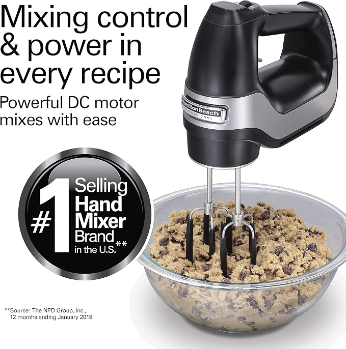 Hamilton Beach Professional 7-Speed Digital Electric Hand Mixer | High-Performance DC Motor | Slow Start | Snap-On Storage Case | SoftScrape Beaters, Whisk, Dough Hooks | Matte Black