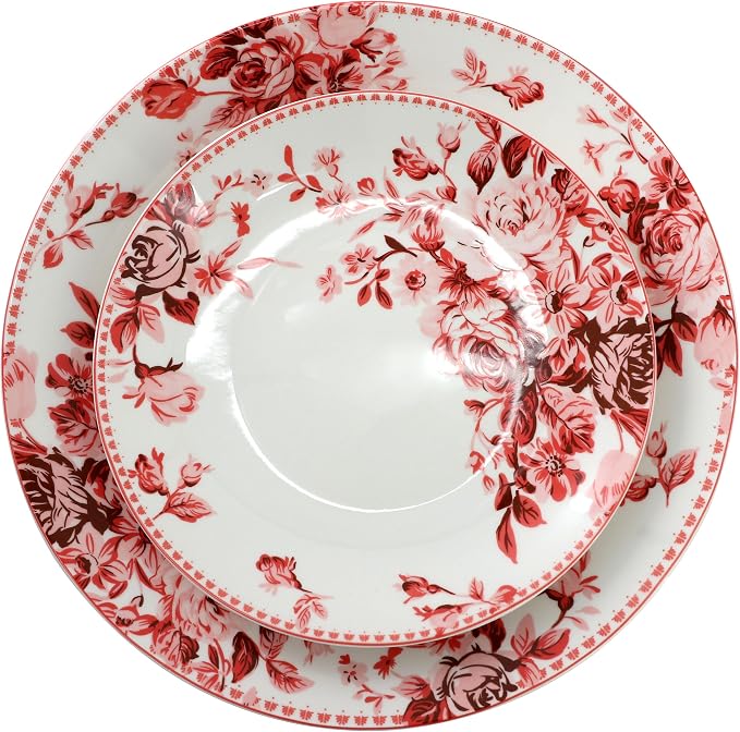 Elama Traditional Rose 16 Piece Porcelain Dinnerwar/Tableware Set, Service for 4 (Red)