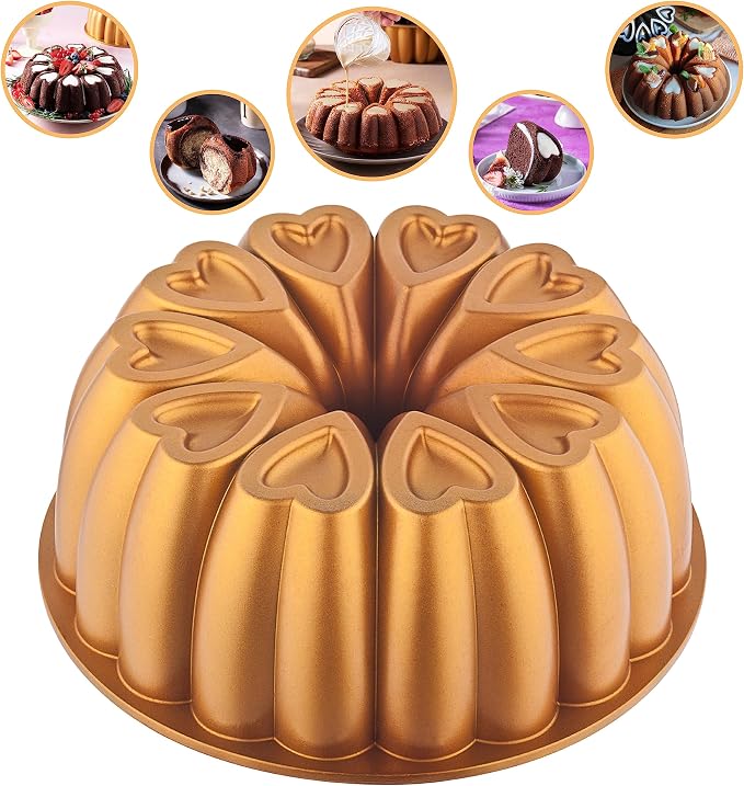 Heart Shape Aluminum Cake Pan, Titanium Coating, Non-Stick, 12 Cups, Heavy Duty, Gifts for Mom, Molded Cake Pan, 10 Inch Baking Mold, Cast Aluminum Fluted Tube Pan, Easy to Clean (Gold)