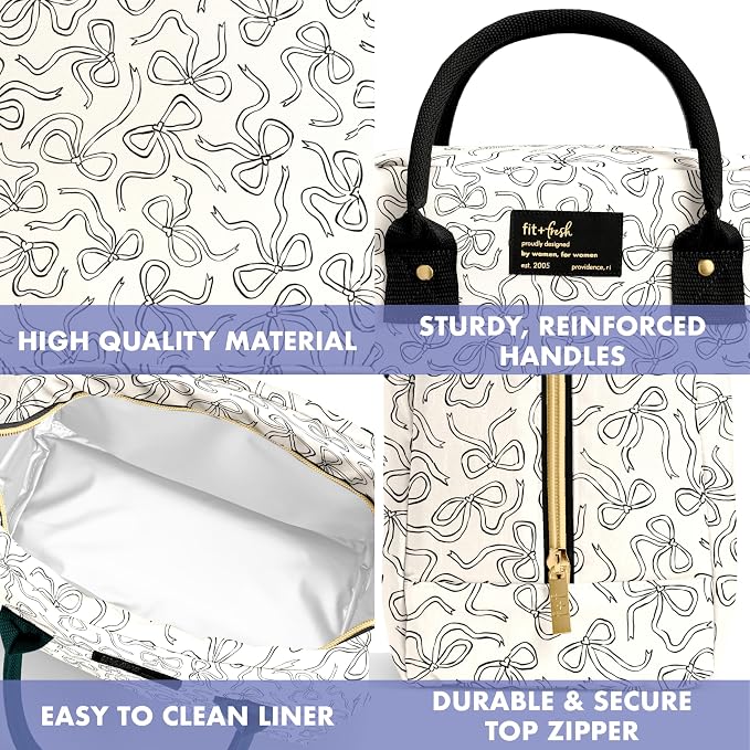 Fit & Fresh Bloomington Lunch Bag for Women - Insulated Large Lunch Box for Work with Containers, Leak-Resistant, Stain-Resistant, Zipper Closure, Black and White Sketched Bows