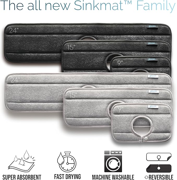 Ternal Sinkmat for Kitchen Faucet, Original Design, Absorbent Microfiber Fabric, Machine Washable Splash Guard & Drip Catcher For Around Faucet Handle [2 Pack] (Gray, Standard 15in)