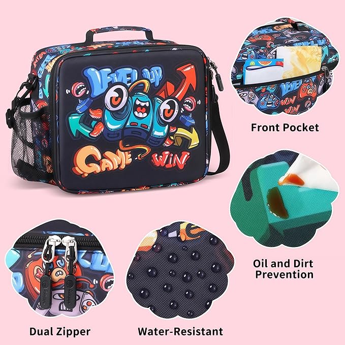 rockpapa Kids Lunch Box Set with 14oz Insulated Water Bottle & Lunch Bag, Leakproof 5.5 Cups Bento Box for School & Children, BPA-Free, Microwave Safe for Boys Girls (Black Games)