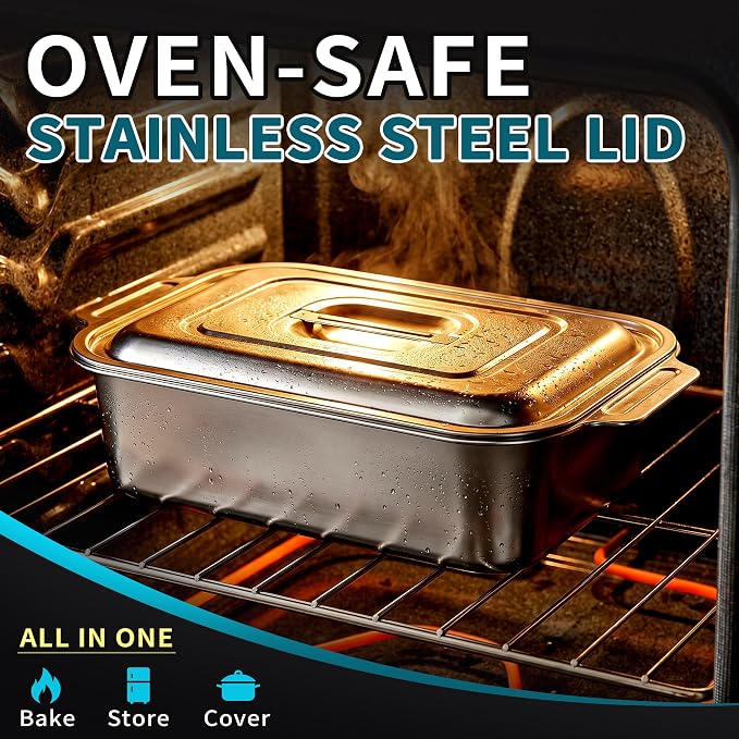 Extra Deep Stainless Steel Lasagna Pan with Wide Handles & Lid, 16.5 x 10 x 4 Inch, 6.3 QT Large Casserole Baking Dish, Oven Safe Heavy Duty Baking & Roasting Pan for Meal Prep & Storage