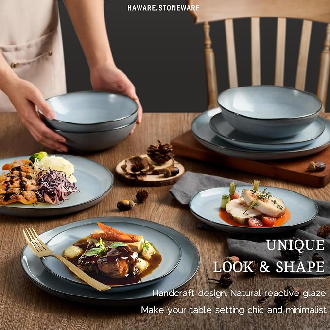 HaWare Plates and Bowls Set, Stoneware Dinnerware Sets, 16-Piece Hand-painted Dishware for 4, Ceramic Dish Set for Home Kitchen, Scratch Resistant, Microwave and Dishwasher Safe, Reactive Foggy Blue