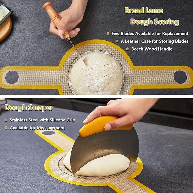 Sourdough Bread Baking Set, 10 Inch Oval & 9 Inch Round Banneton Bread Proofing Baskets with Linen Liner, Silicone Bread Sling, Danish Dough Whisk, Dough Scraper Kit, Silicone Brush & Spatula