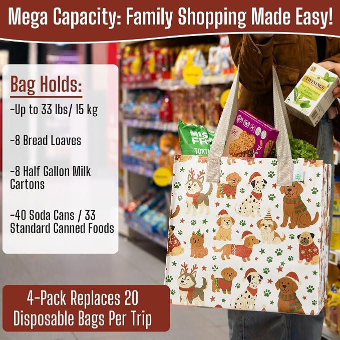 VENO 4 Pack Cute Dog Reusable Grocery Bags, Heavy-Duty Shopping Bags with Handles, for Shopping Cart with Hard Bottom to Stand Upright, Foldable (Holiday Pups, 4 Pack)
